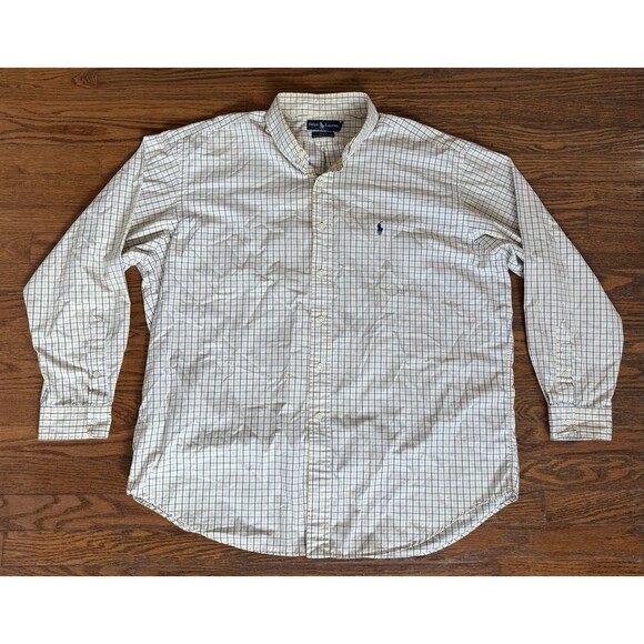 Vintage Ralph Lauren Button Down Shirt Mens XL White Yellow Check Blake Two Ply - Picture 2 of 10